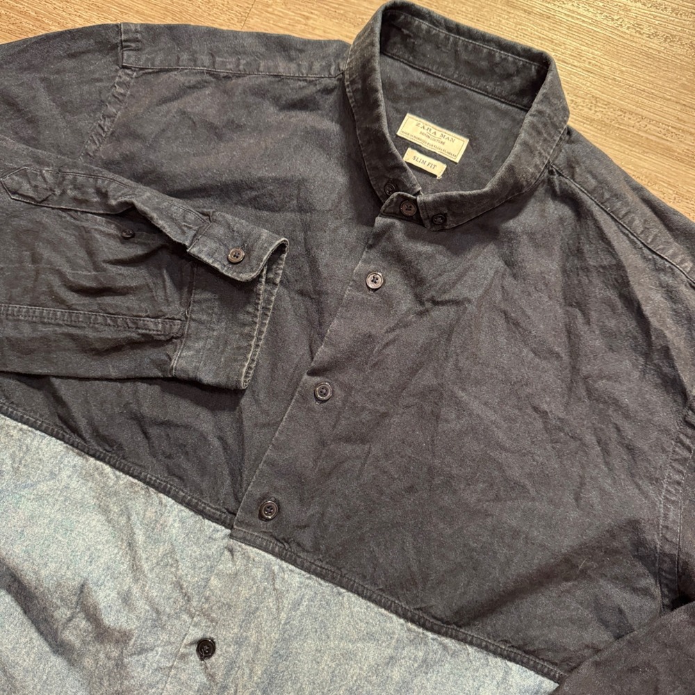 Zara Man Shirt Mens XL Blue Colorblock Denim Chambray Cotton Western Rodeo Adult